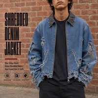 Veste en jean bleu délavé personnalisée 420 g/m² avec déchirures prononcées, col gris contrastant, ourlet brut effiloché, vêtement d'extérieur streetwear OEM ODM