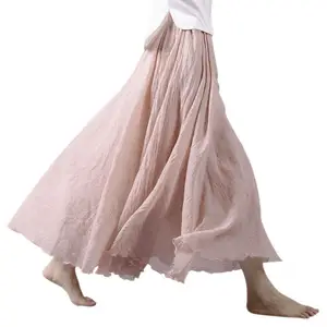 Flowing Style Solid Color Cotton Linen A line Mopping Floor Length Big Hem Double Layer Elastic Waist Long Maxi Skirt