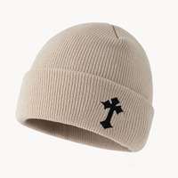 Gorro de punto personalizado con cruz gótica, logotipo personalizado, venta al por mayor, gorro de punto rosa Y2K bordado, gorro de invierno cálido para hombre y mujer, estilo hip hop