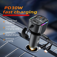 Cargador de Coche Portátil Rápido de 40W con Doble Puerto Tipo-C y USB, Cable Retráctil, Pantalla Digital y Luz de Colores para Laptop