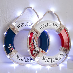 Anneau de sauvetage en bois de style méditerranéen, 30cm, fonctionne à piles avec lumière, décoration murale circulaire pour la maison, pour les chambres d'enfants - Product Image 2