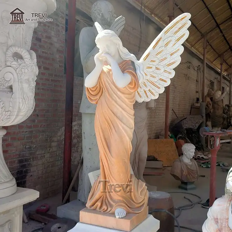 Hand Carved Natural Marble Stone Sculpture life size Standing Girl Angel With Wings Statue