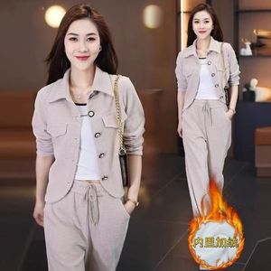 Ensemble deux pièces pour <span class=keywords><strong>femme</strong></span> en molleton gaufré, veste boutonnée et pantalon à cordon de serrage, tenue décontractée et chaude pour l'hiver - Product Image 4