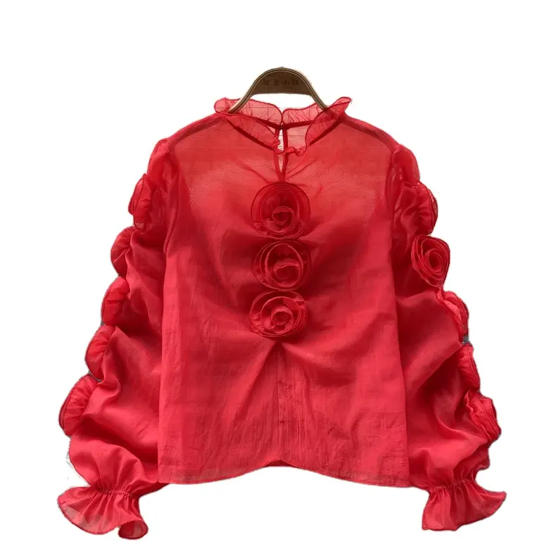 Women's Luxury Lantern Sleeve Blouses 2024 Spring New Fashion Mesh Flower Design Women's Tops Loose Shirts For Ladies