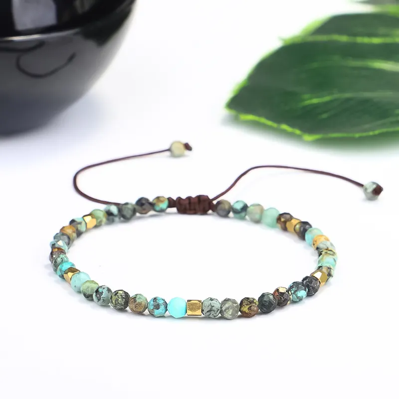 Joli Bracelet porte-bonheur pour femmes, pierres turquoises simples africaines, perles à facettes réglables, style bohème, Yoga, unisexe, 4mm
