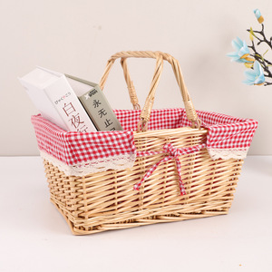 <b>Rectangular</b> Willow Picnic <b>Basket</b> With Red Checkered Liner For <b>Storage</b> And Shopping - Product Image 2
