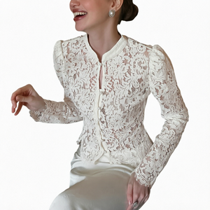 <b>Women</b> Lace Knitted Blouse Stand Collar <b>Long</b> Sleeve Slim Fit Button Front <b>Shirt</b> for Autumn Winter - Product Image 1