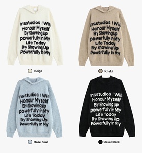 Custom Fuzzy Knit Hooded Sweater Men Oversized Letter Print Faux Mohair Hoodie <b>Pullover</b> Streetwear Knit <b>Jumper</b> - Product Image 3