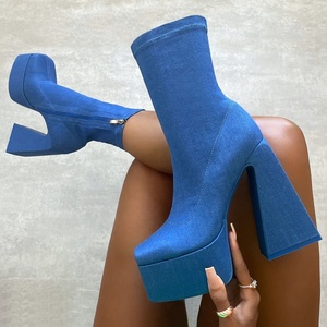 Soft Denim Women High Heels Platform Short <b>Boots</b> Square Toe Custom Materials Jeans Ankle Booties Fancy Ladies Shoes - Product Image 1