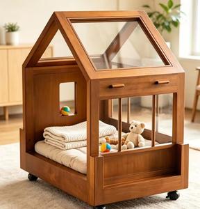 Premium Wooden Indoor Pet House Wheeled <b>Dog</b> Cat Bed House with Clear Roof Furniture Style Pet Crate Kennel with Cushion for Sm - Product Image 1