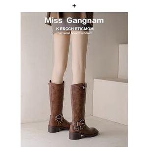 Women's Brown Vintage Leather Knee High Boots with Multiple Buckle Straps and Chunky <b>Block</b> Heel - Product Image 2