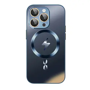 고급 AG 매트 마그네틱 하드 케이스 iPhone 15 14 13 12 Pro Max Plus 강화 유리 렌즈 무선 충전 충격 방지 커버