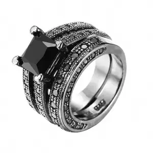 工厂豪华设计黑色锆石铺砌石戒指套装男士珠宝婚礼