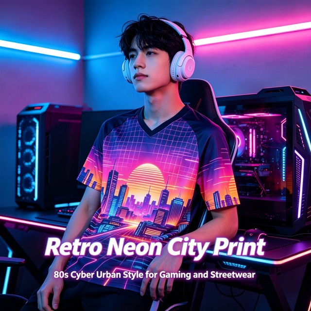 Men V Neck Sublimation Gaming T Shirt Retro Neon City 80s Cyber Urban Print Quick Dry Breathable Streetwear Tee Wholesale Custom