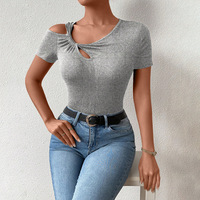 Kaos Pendek Wanita Eropa Musim Gugur Terbaru Bordir Asimetris Kerah Miring Bahan Denim/Kanvas Simpel Elastis untuk Sehari-hari Model Bertumpuk