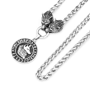 Yunnique Collier pour homme en acier inoxydable avec pendentif tête de loup viking et runes, chaîne de pull motif animal du zodiaque, bijou cadeau - Product Image 5
