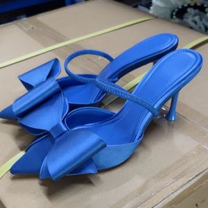 Sandalias de tacón bajo azul real con lazo y tira trasera para mujer, elegantes, de moda, 2024 - Product Image 6