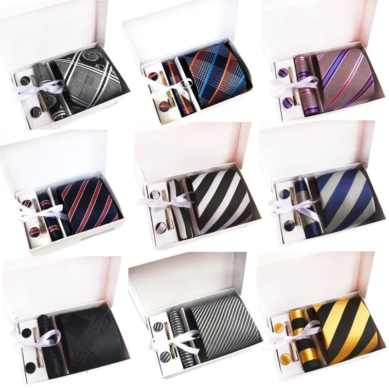 Cravates à rayures à la mode avec carrés de poche Cravates pour hommes personnalisées et ensemble de mouchoir Pince à cravate Carré de poche et ensemble de boutons de manchette Boîte-cadeau