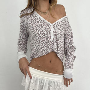 Top Corto Tipo Cárdigan con Estampado de Leopardo, Cuello en V, Manga Larga Holgada, Camiseta con Botones, Estilo Casual y Sexy - Product Image 3