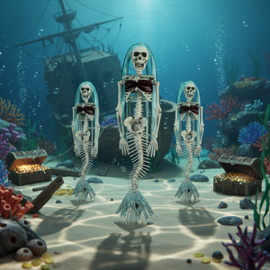 Decoraciones del Día DE LA Muerte de Halloween, modelo de esqueleto de sirena de plástico colgante con pelo azul para fiestas en casas embrujadas - Product Image 1