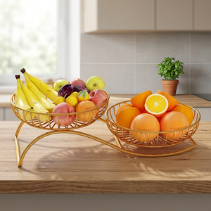 Corbeille à fruits moderne à double niveau, conteneur de rangement rond pour cuisine, paniers en métal sur pied - Product Image 3