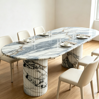 Table à manger Ocean Storm, plateau ovale en marbre naturel, base à colonnes cannelées, table de conférence en pierre de luxe pour la maison, l'hôtel, le restaurant
