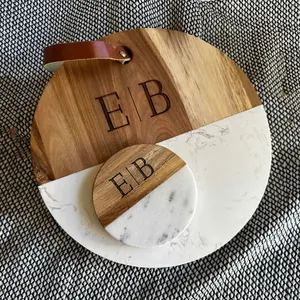 Custom Logo Food Chopping Block Round Shape Marble & Acacia Coasters Cheese Serving Board Gift Set Personalized Cutting Board