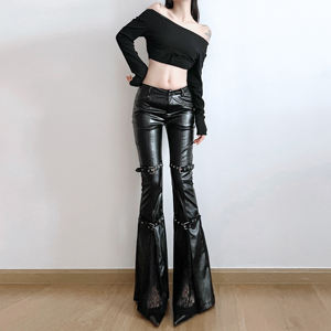 Pantalones de Mujer de Piel Sintética con Corte Acampanado, Cintura Baja, Hebilla de Cinturón, Adorno de Encaje, Estilo Casual y Urbano - Product Image 2