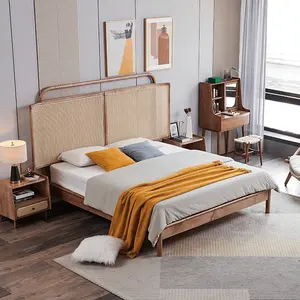 Hot Sale Rattan Kopfteil Nordic Schlafzimmer möbel Bett 1.8M Apartment Kind Größe Doppelbett Holzbett rahmen