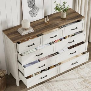 Commode rustique de style farmhouse à 9 tiroirs en bois, texture naturelle, finition blanc antique, 55 pouces de large, écologique et durable pour le salon - Product Image 3