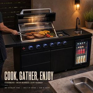 Barbecue d'extérieur en acier inoxydable 304 noir avec réfrigérateur intégré, évier, armoire de rangement, îlot BBQ - Product Image 5