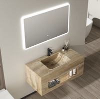 Meuble de salle de bain mural de luxe en pierre artificielle, motif marbre, avec vasque intégrée, miroir LED à capteur et rangement