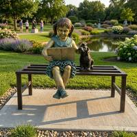 Sculpture en bronze grandeur nature de fille lisant un livre avec un chiot sur un banc, style antique, pour parc en bord de lac, statue en bronze
