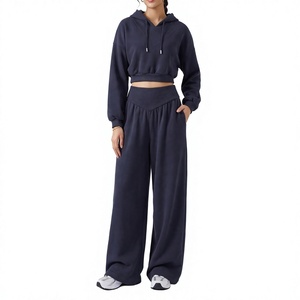 Women's Breathable Short Cropped Hoodie Wide Leg Sweatpants Set Cotton Fleece Oversized Two Piece Tracksuit Casual Loungewear - Product Image 1