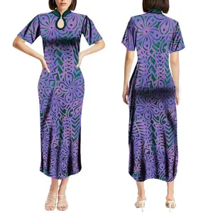New Arrivals Customized Pacific Heritage Design Mandarin Collar Short Sleeve Ladies Dress Polynesian Big Size Midi Prom Dresses