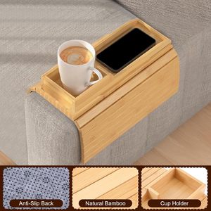 Bandeja de bambú para portavasos de sofá, mesa de brazo de sofá plegable y mesa auxiliar para sala de estar, accesorios de sofá, bandeja de consola de sofá - Product Image 6
