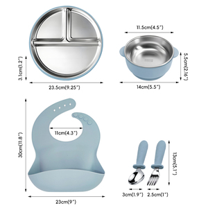 Factory Price BPA Free 6-Piece Stainless Steel Children's Plate Bowl <b>Bib</b> Fork Spoon Food Container Set Suction Cup Manual - Product Image 3