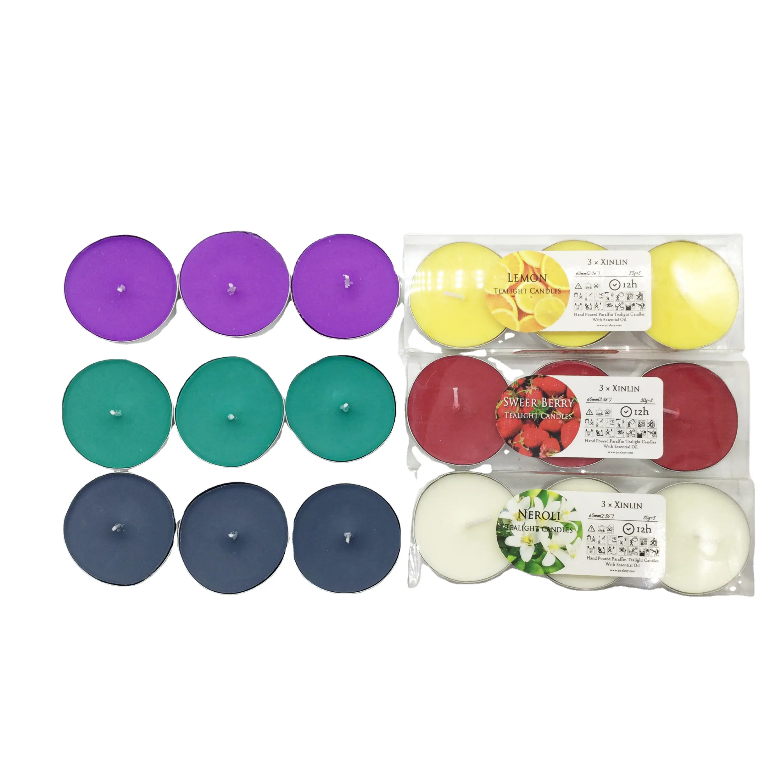 Amazon Basics 3er-Pack Unscented Tee licht kerzen-9 Stunden Brenndauer-Lila, Grün, Schwarz und Weiß