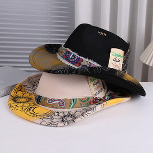Chapeau de <span class=keywords><strong>cowboy</strong></span> occidental pour hommes et femmes, design original, accessoires en plumes, chapeaux Fedora imprimés en laine, chapeau de <span class=keywords><strong>cowboy</strong></span> de fête - Product Image 1