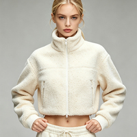 Veste en polaire Teddy crème LTD-H1135, coupe courte, col montant, double fermeture éclair, poches latérales, coupe décontractée, prête à la vente