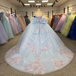 Robes de Quinceañera bleues avec appliques en dentelle, col cœur orné de cristaux, robe de 15 ans Dy1388 - Product Image 3
