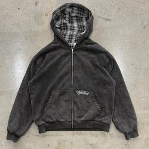 Veste à capuche courte et ample à double couche réversible avec fermeture éclair, broderie à carreaux, lavage à la pierre vintage, design streetwear pour hommes - Product Image 6