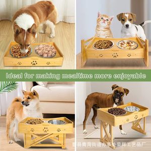 Soporte de madera para alimentar mascotas con dos tazones y altura ajustable para perros y gatos - Product Image 4