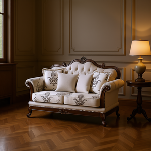 Canapé deux places traditionnel capitonné en tissu avec structure en bois pour salon - Product Image 2