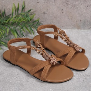 Womens Boho Flat <b>Sandals</b> Flower Bead Decor <b>Elastic</b> Ankle Strap Summer Beach Casual Footwear - Product Image 2