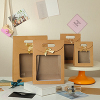 Sac cadeau en papier brun et blanc auto-scellant avec nœud en ruban et fenêtre transparente pour Noël, mariage, bonbons, emballage cadeau