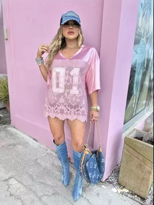 Maglietta estiva magliette oversize abiti Patchwork di <span class=keywords><strong>pizzo</strong></span> donna camicia Casual a maniche corte con strass - Product Image 4