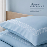 Parure de lit brodée bleu calme pour chambre d'amis et location de vacances avec bordure de taie d'oreiller à motif chaîne