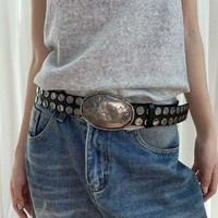 Ceinture vintage en alliage avec boucle à ardillon, rivets noirs ronds, style punk subculture, largeur 2-4 cm, longueur 110 cm, accessoires pour jeans