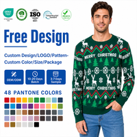 Pull de Noël moche unisexe en tricot jacquard fin, motif cerf et sapin, pour l'hiver, ODM/OEM, vente en gros, personnalisable en couleur et taille